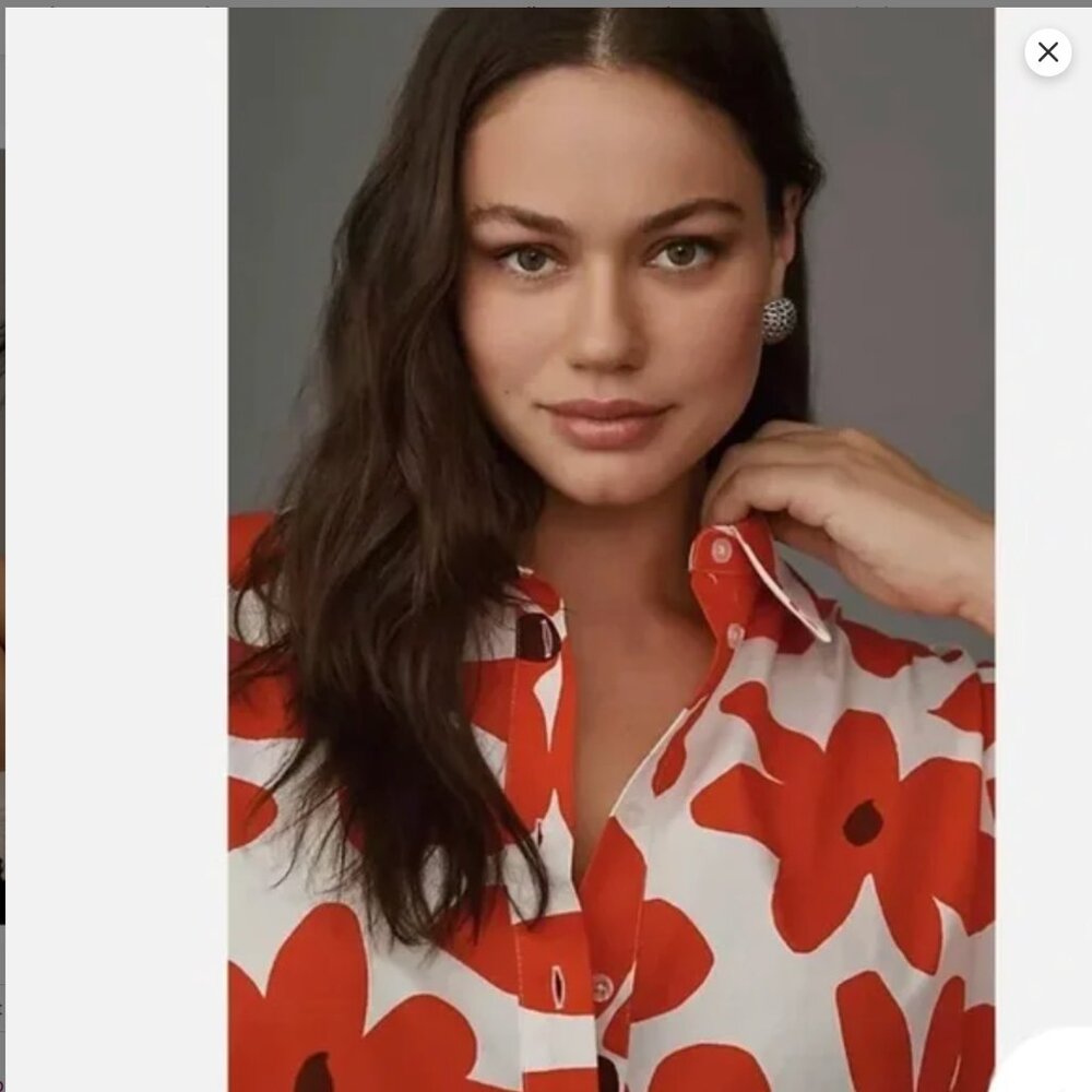 Maeve Anthropologie Bettina Midi Dress Tiered Buttondown Red Flowers SP - Picture 3 of 14